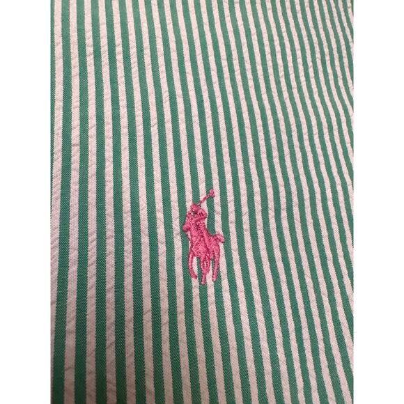 Ralph Lauren Seer Sucker Shirt Mens Size Large Green White Striped Short Sleeve - Picture 4 of 10